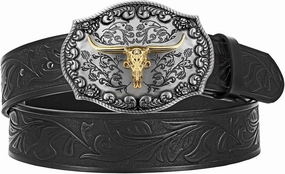 JASGOOD Men Leather Western Belt, Cowboy Cowgirl Country Belt with Longhorn Cow Vintage Engraved Buckle Belt for Jeans