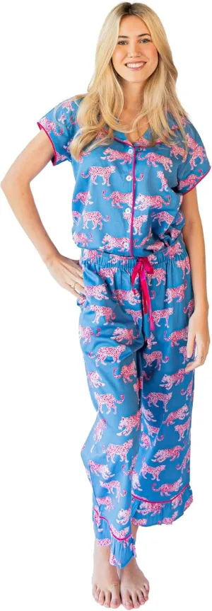 Jaye's Studio Luxe Pink Leopard Pajamas For Women Set Cute 2 Piece, Blue And Pink Cat Pjs For Women Loungewear
