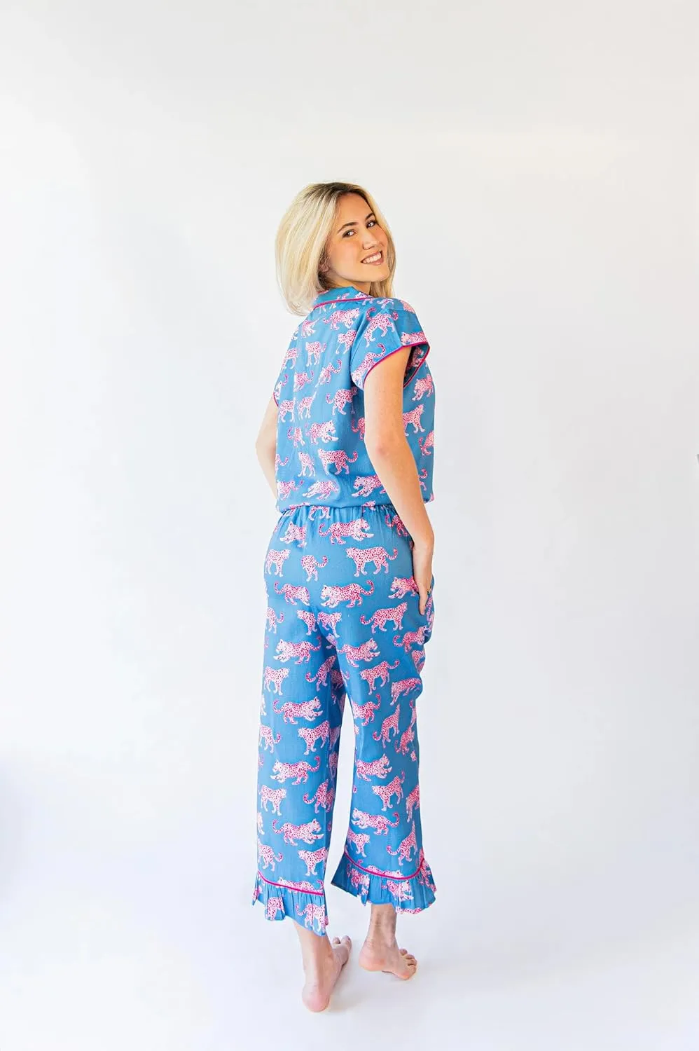 Jaye's Studio Luxe Pink Leopard Pajamas For Women Set Cute 2 Piece, Blue And Pink Cat Pjs For Women Loungewear