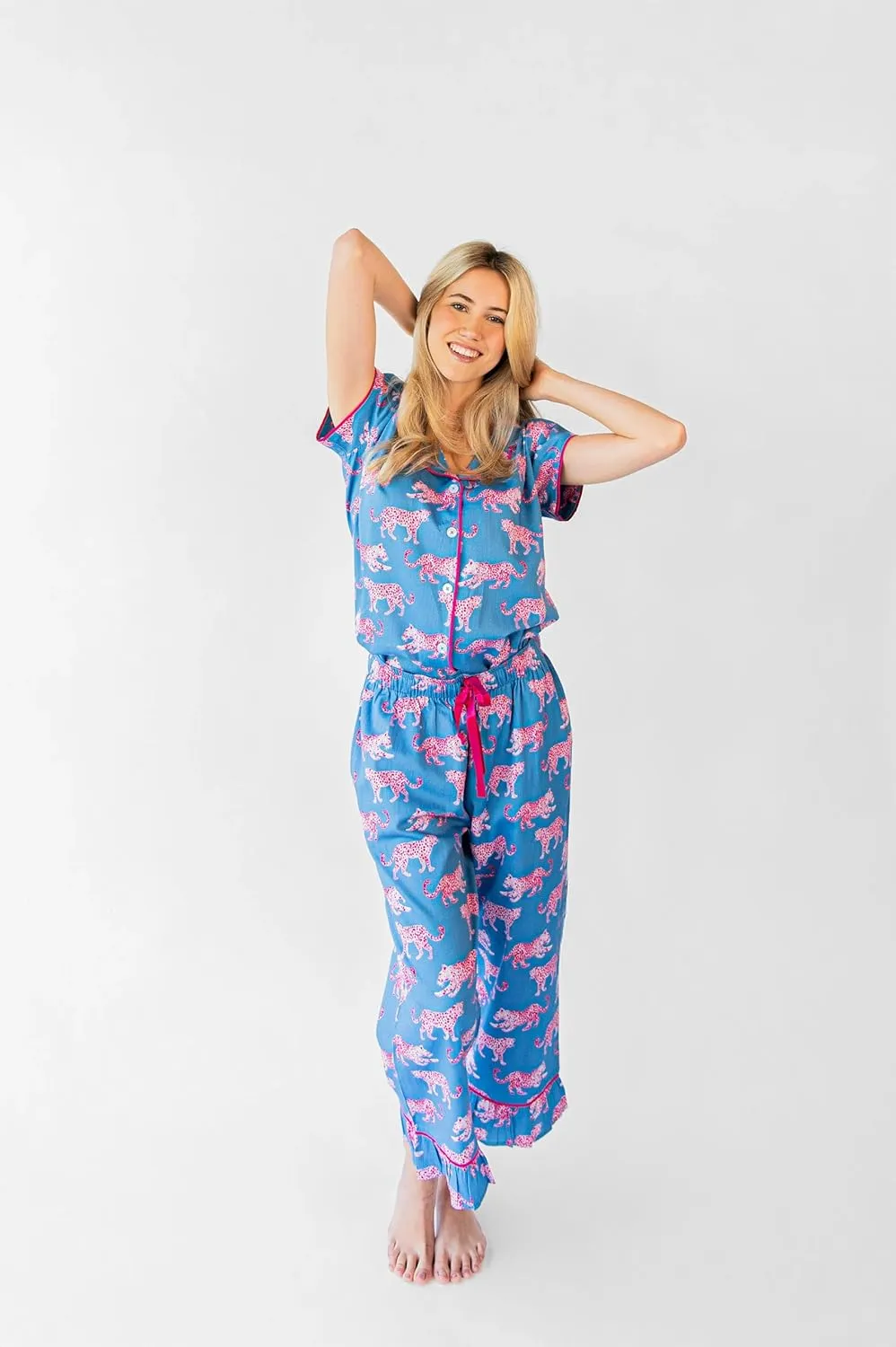 Jaye's Studio Luxe Pink Leopard Pajamas For Women Set Cute 2 Piece, Blue And Pink Cat Pjs For Women Loungewear