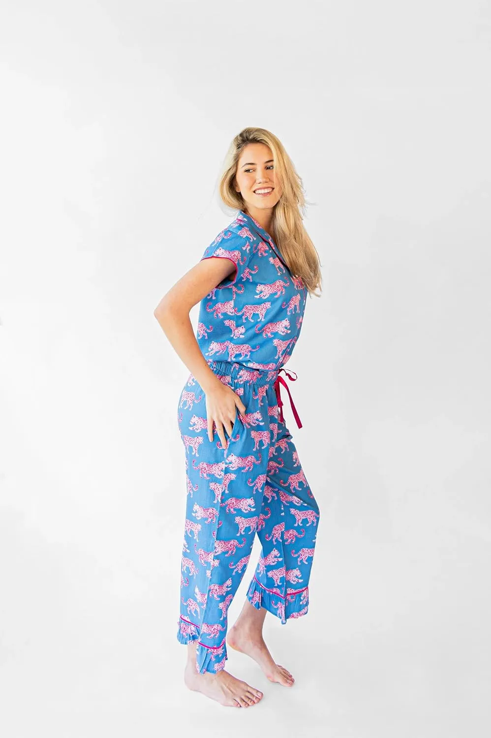 Jaye's Studio Luxe Pink Leopard Pajamas For Women Set Cute 2 Piece, Blue And Pink Cat Pjs For Women Loungewear
