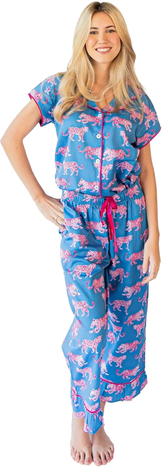 Jaye's Studio Luxe Pink Leopard Pajamas For Women Set Cute 2 Piece, Blue And Pink Cat Pjs For Women Loungewear