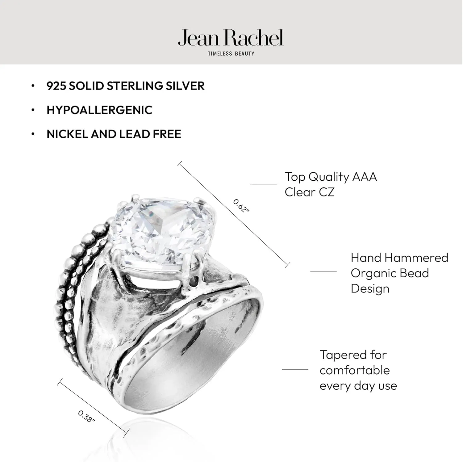 JEAN RACHEL JEWELRY 925 Sterling Silver Ring - Bold with Prong-Set Cubic Zirconia Vintage Design - Hypoallergenic, Lead & Nickel Free - Artisan Handcrafted Statement Rings for Women