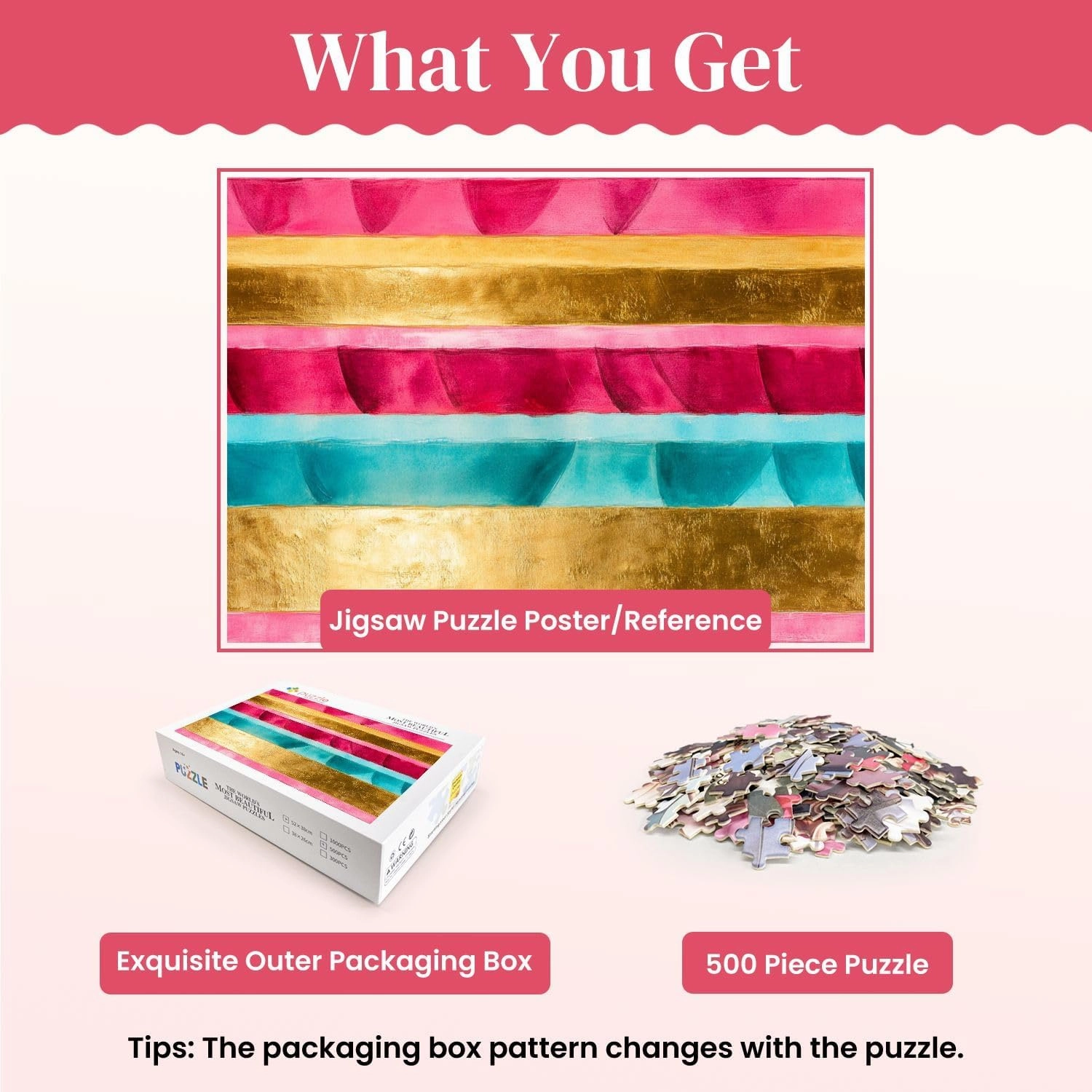 Jigsaw Puzzles Wooden Jigsaw Toy Family Game Wall Decor for Adults Teens,Pink Horizontal Bands Circular Motifs Gold Leaf Texture Hot Gradient