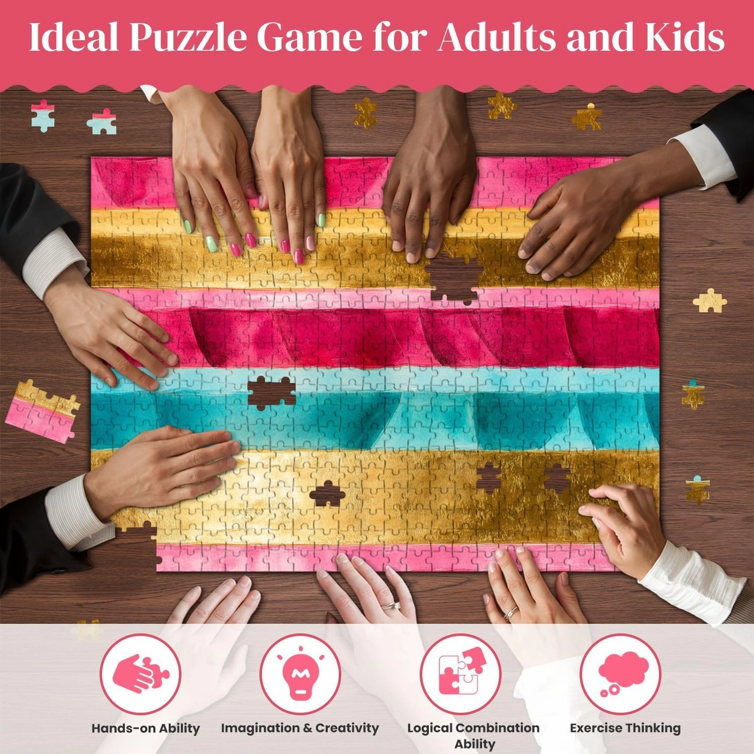 Jigsaw Puzzles Wooden Jigsaw Toy Family Game Wall Decor for Adults Teens,Pink Horizontal Bands Circular Motifs Gold Leaf Texture Hot Gradient