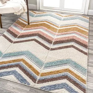 JONATHAN Y SNT101A-4 Elin Chevron High-Low Indoor -Area Rug, Modern, Contemporary, Farmhouse Easy-Cleaning,Bedroom,Kitchen,Living Room,Non Shedding, Multi/Cream, 4 X 6