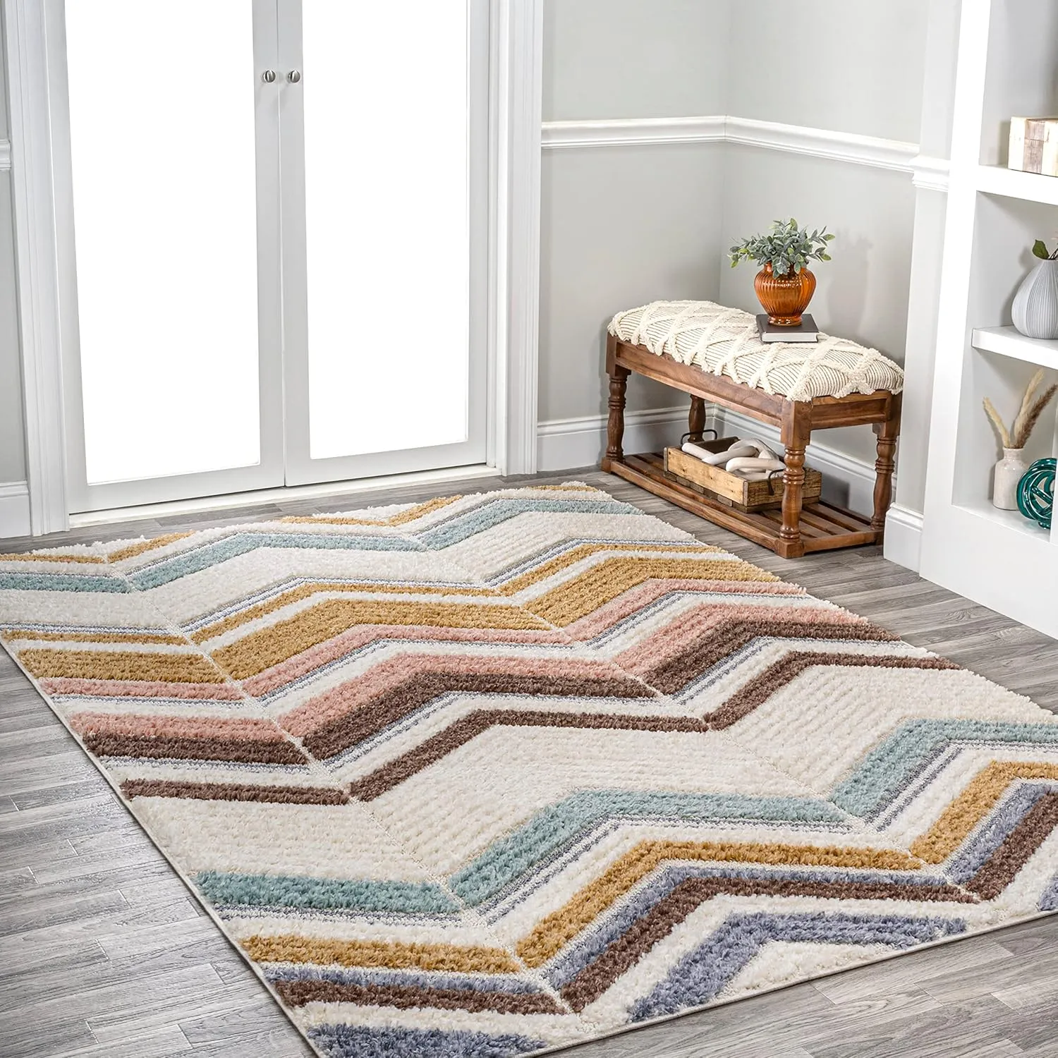 JONATHAN Y SNT101A-4 Elin Chevron High-Low Indoor -Area Rug, Modern, Contemporary, Farmhouse Easy-Cleaning,Bedroom,Kitchen,Living Room,Non Shedding, Multi/Cream, 4 X 6