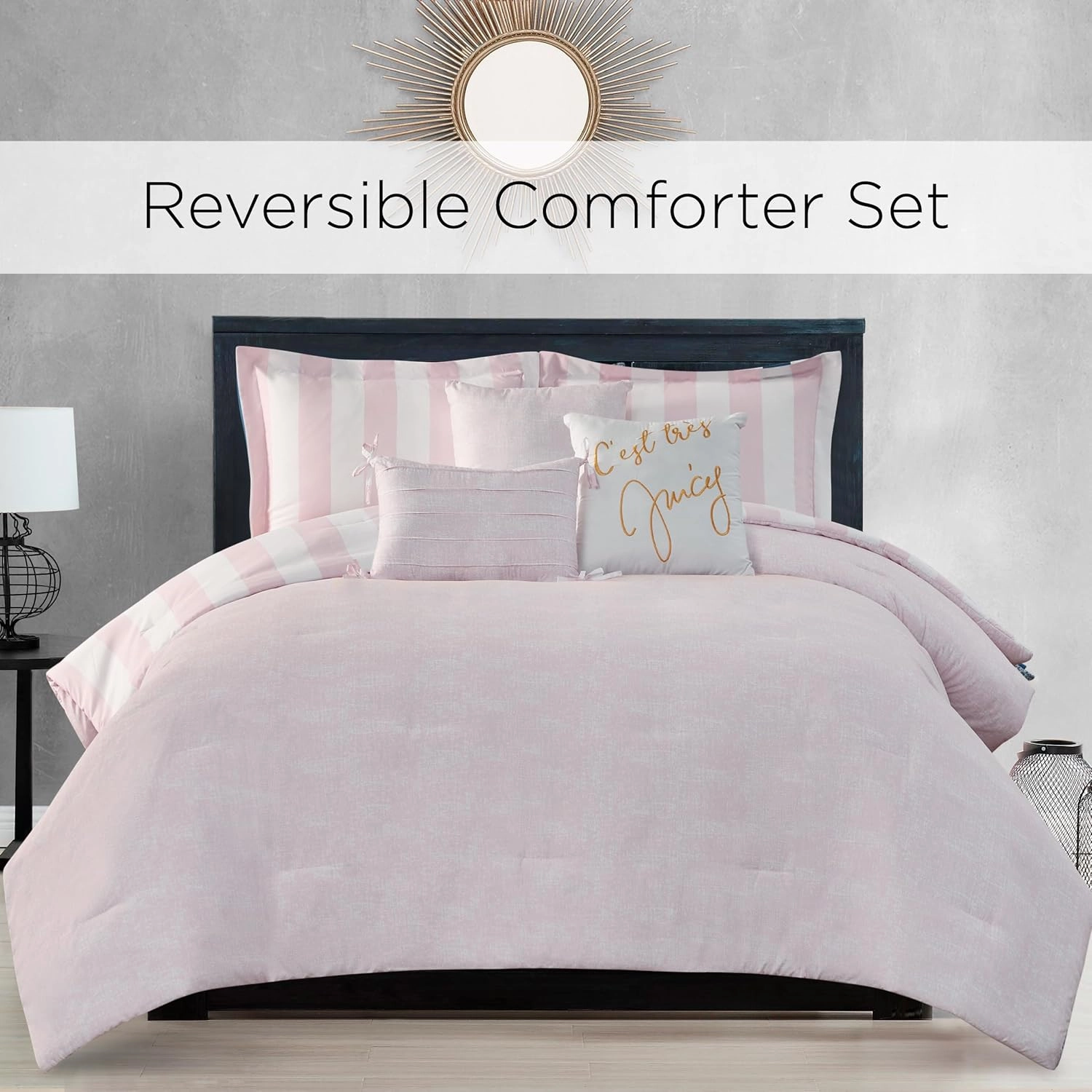 Juicy Couture Cabana Stripe Reversible Bedding Set - King Size - Dogwood Pink/White Stripe Print – 6 Piece Set – Includes 1 104" x 90" Comforter, 3 Decorative Pillows, 2 Shams