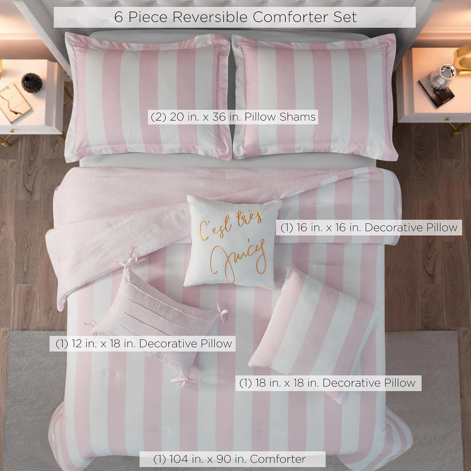Juicy Couture Cabana Stripe Reversible Bedding Set - King Size - Dogwood Pink/White Stripe Print – 6 Piece Set – Includes 1 104" x 90" Comforter, 3 Decorative Pillows, 2 Shams