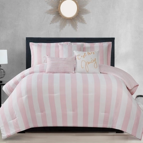 Juicy Couture Cabana Stripe Reversible Bedding Set - King Size - Dogwood Pink/White Stripe Print – 6 Piece Set – Includes 1 104" x 90" Comforter, 3 Decorative Pillows, 2 Shams