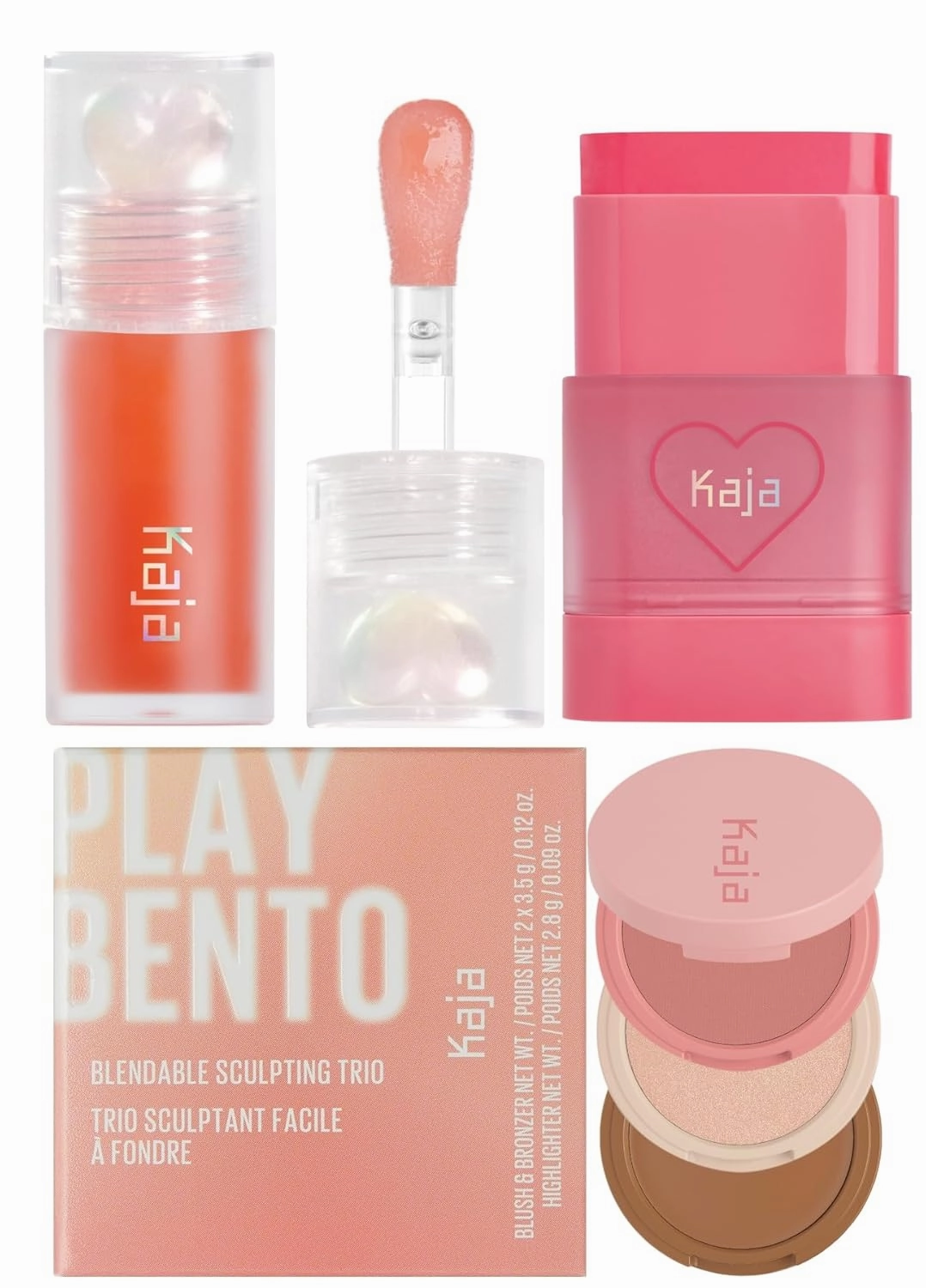 Kaja Juicy Glass Lip Plumping Oil 03 Apricot Allure   Dewy Bar - Creamy Multi-Stick Blusher & Lip Balm 02 Strawberry Sorbet,10g   3-in-1 Blendable Sculpting Trio - Play Bento 01 Butter Up Bundle