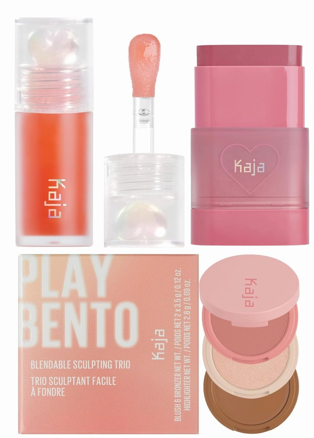 Kaja Juicy Glass Lip Plumping Oil 03 Apricot Allure   Dewy Bar - Creamy Multi-Stick Blusher & Lip Balm 04 Fig Smoothie Sorbet,10g   3-in-1 Blendable Sculpting Trio - Play Bento 01 Butter Up Bundle