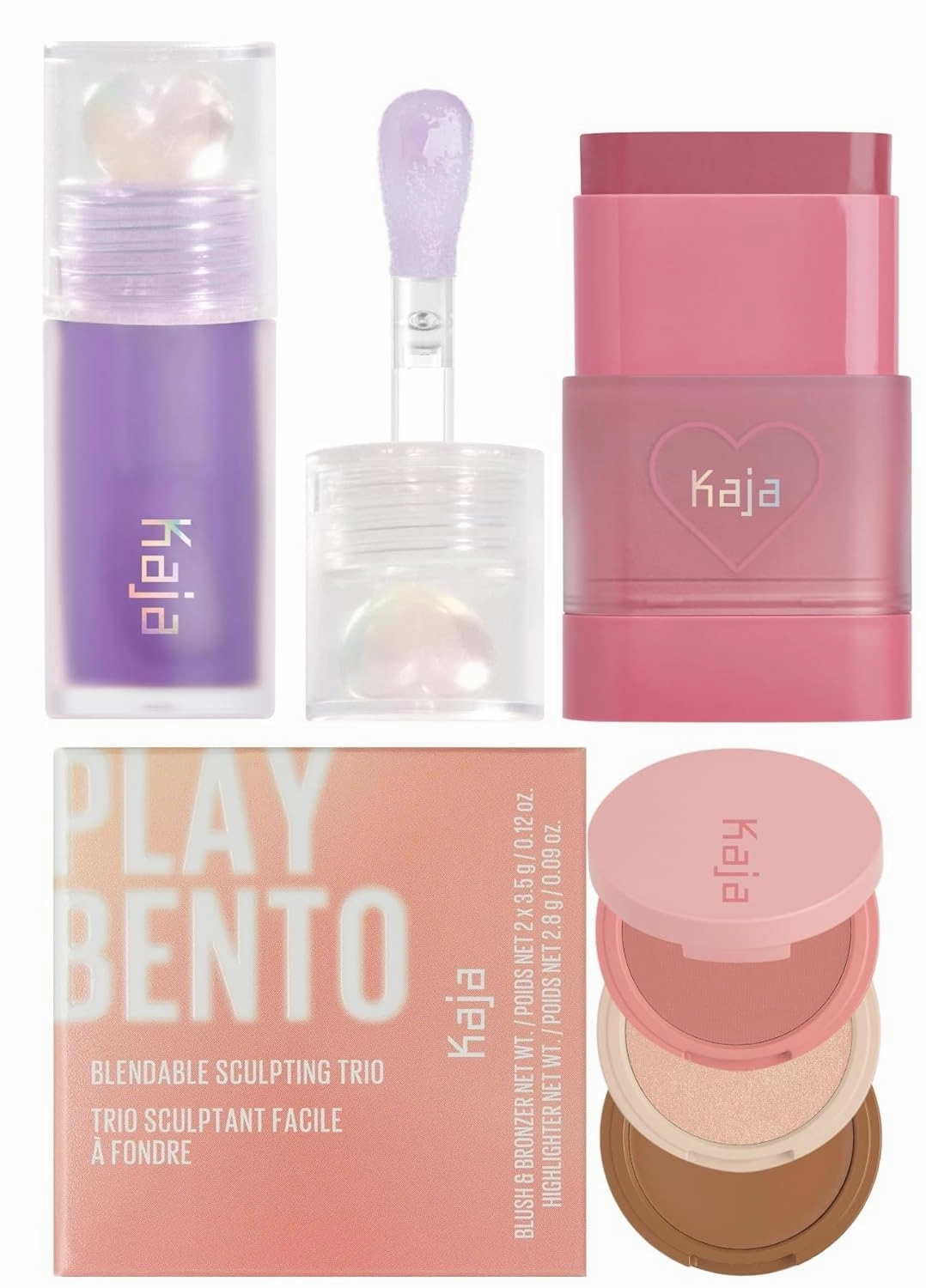 Kaja Juicy Glass Lip Plumping Oil 04 Grape Glowtini   Dewy Bar - Creamy Multi-Stick Blusher & Lip Balm 04 Fig Smoothie Sorbet,10g   3-in-1 Blendable Sculpting Trio - Play Bento 01 Butter Up Bundle