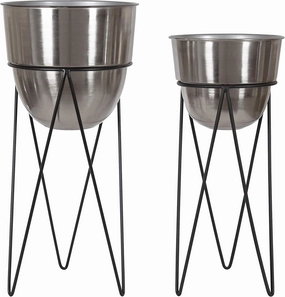Kate and Laurel Mantua Modern Metal Planter Set, Set of 2, Black and Silver, Decorative Planter with Stand Collection