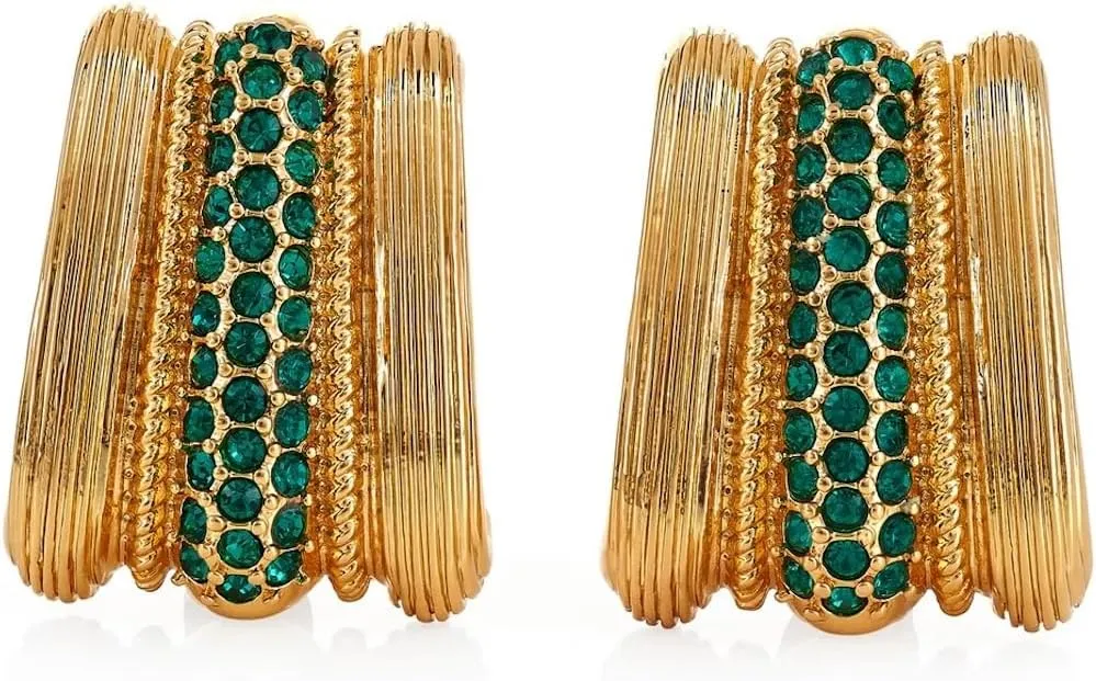 Kenneth Jay Lane Gemstone Center Clip Earrings with Emerald Crystals