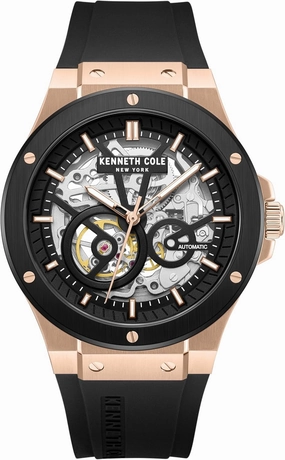 Kenneth Cole New York Men's Automatic Watch - Skeleton Dial, Two-Tone Black and Rose Gold Case, Black Silicone Strap, 43mm Case Design