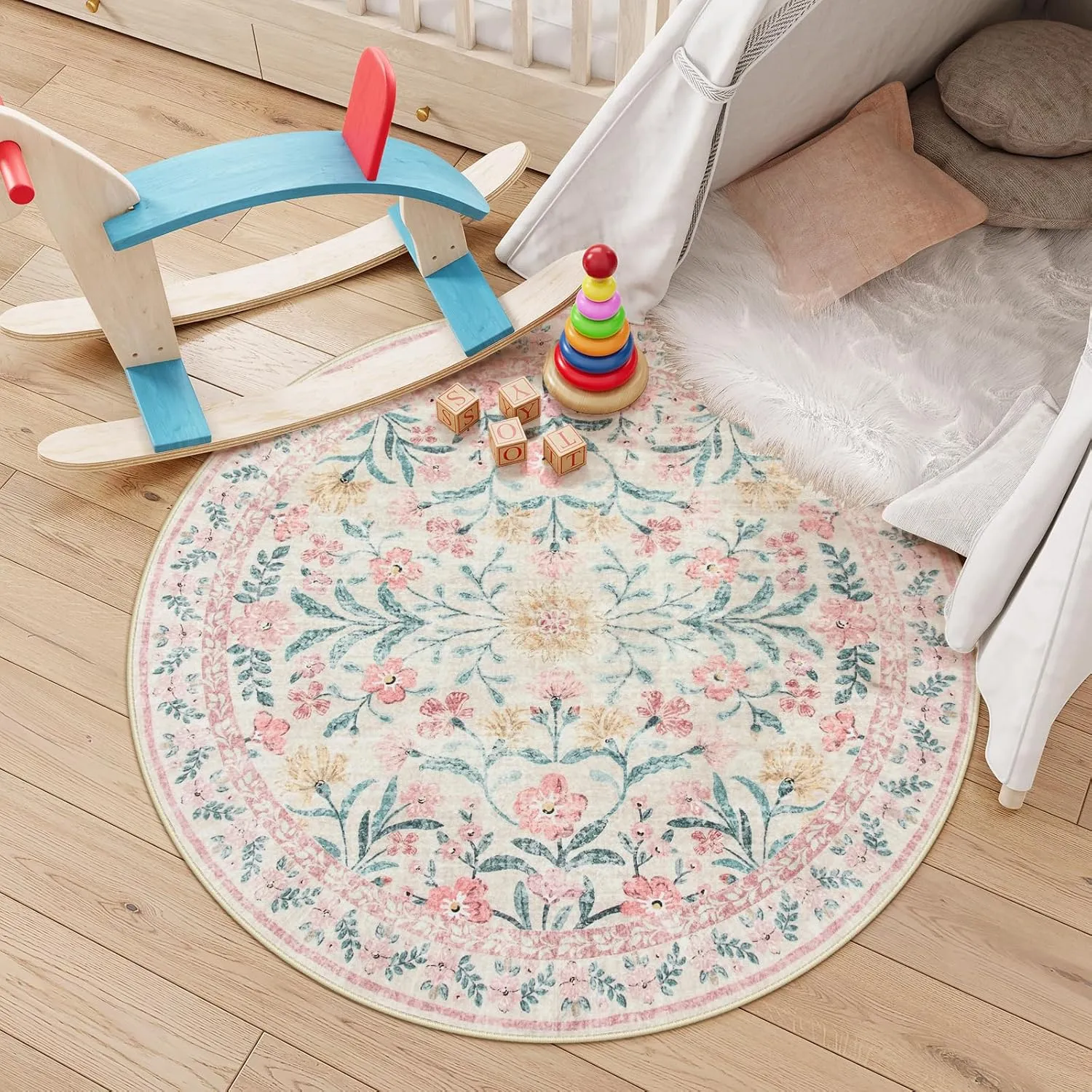 Lahome Boho Light Pink Round Rug 4ft, Washable Small Circle Rugs for Bedroom, Pink and Green Nursery Circular Carpet Girl, Soft Non-Slip Round Carpet for Kids Sunroom, Blush