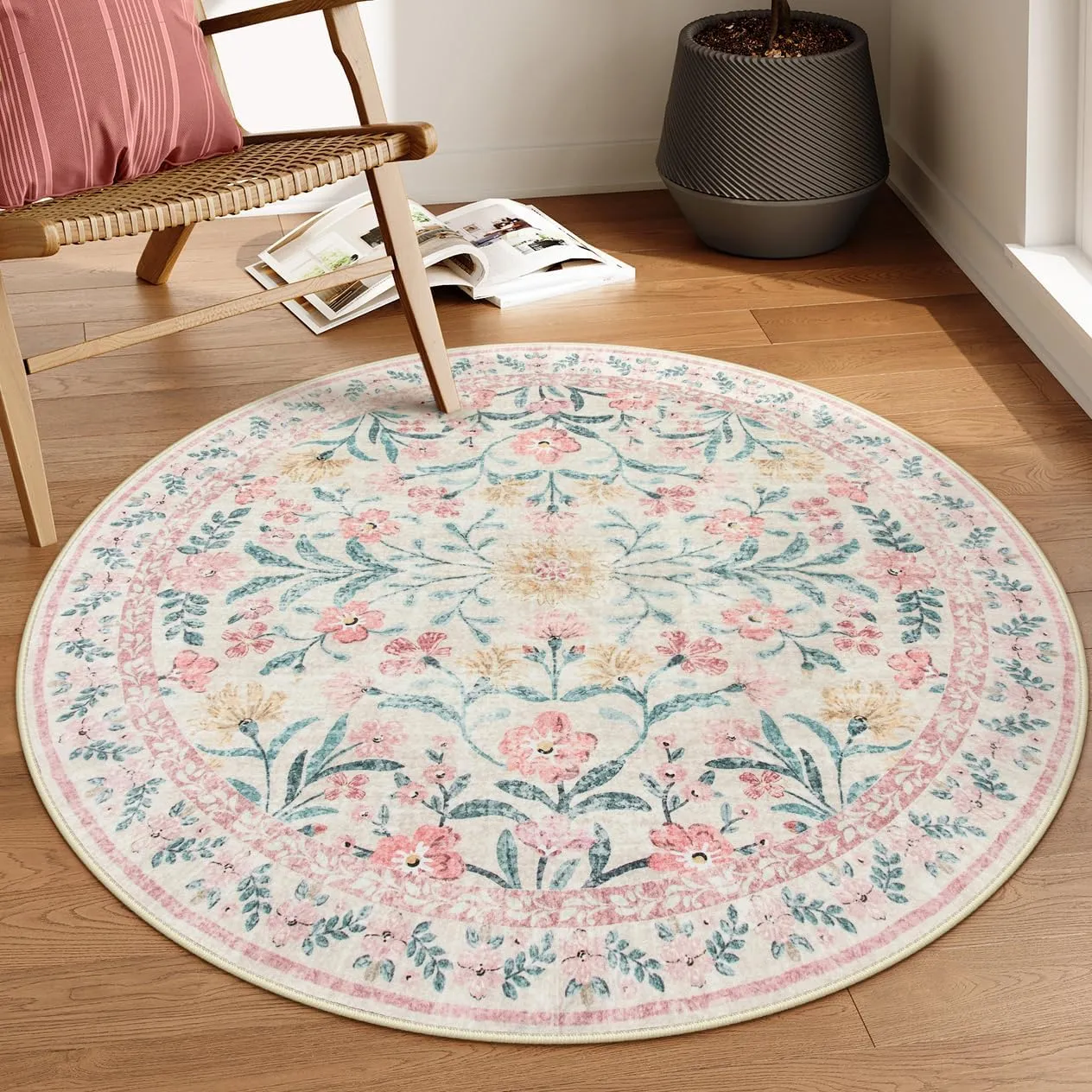 Lahome Boho Light Pink Round Rug 4ft, Washable Small Circle Rugs for Bedroom, Pink and Green Nursery Circular Carpet Girl, Soft Non-Slip Round Carpet for Kids Sunroom, Blush