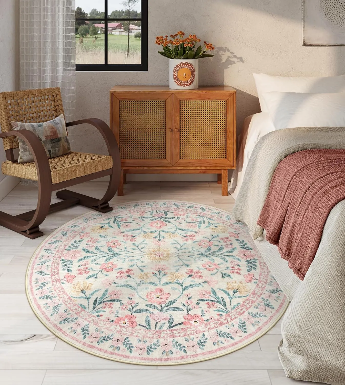 Lahome Boho Light Pink Round Rug 4ft, Washable Small Circle Rugs for Bedroom, Pink and Green Nursery Circular Carpet Girl, Soft Non-Slip Round Carpet for Kids Sunroom, Blush