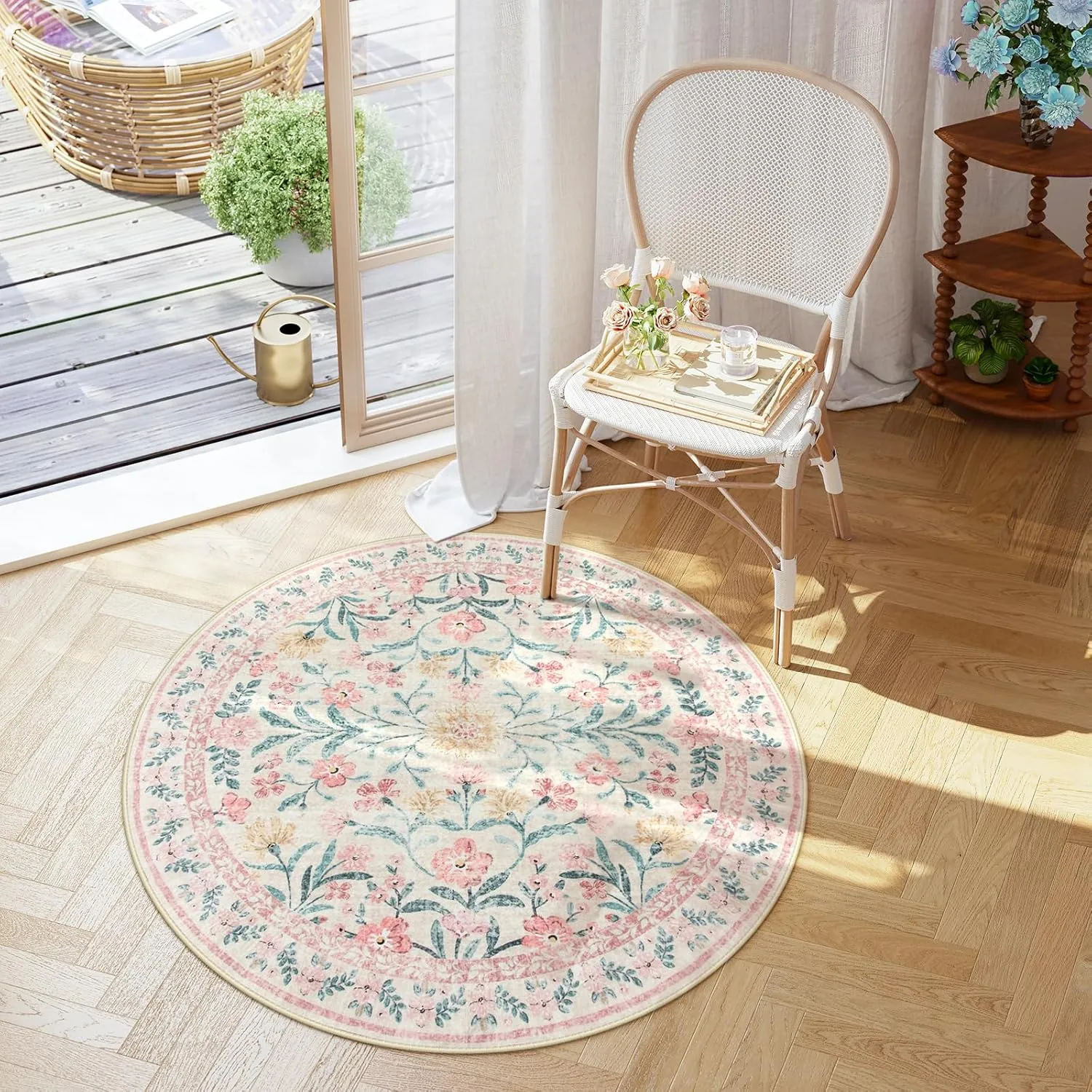 Lahome Boho Light Pink Round Rug 4ft, Washable Small Circle Rugs for Bedroom, Pink and Green Nursery Circular Carpet Girl, Soft Non-Slip Round Carpet for Kids Sunroom, Blush
