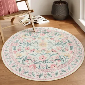 Lahome Boho Light Pink Round Rug 4ft, Washable Small Circle Rugs for Bedroom, Pink and Green Nursery Circular Carpet Girl, Soft Non-Slip Round Carpet for Kids Sunroom, Blush
