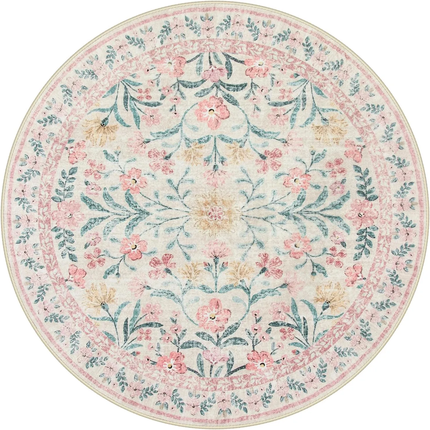 Lahome Boho Light Pink Round Rug 4ft, Washable Small Circle Rugs for Bedroom, Pink and Green Nursery Circular Carpet Girl, Soft Non-Slip Round Carpet for Kids Sunroom, Blush