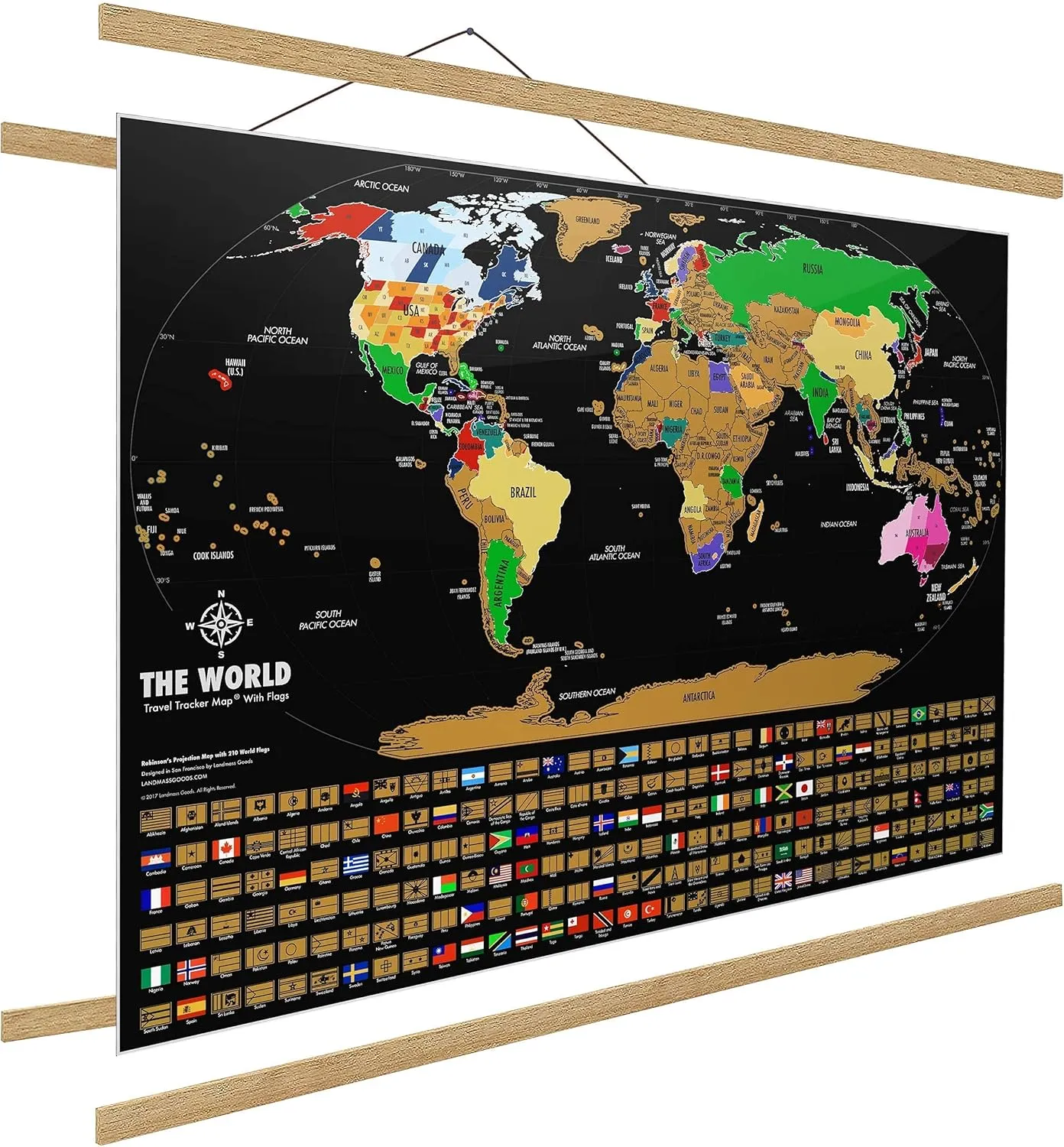 Landmass 24" Magnetic Wood Poster Hanger Frame   Black Scratch Off Map Of The World Poster - Deluxe Framed Scratch Off World Map Print - Wall Hanging Art - Unique Gift Idea - Gift For Travelers