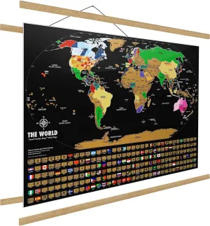 Landmass 24" Magnetic Wood Poster Hanger Frame   Black Scratch Off Map Of The World Poster - Deluxe Framed Scratch Off World Map Print - Wall Hanging Art - Unique Gift Idea - Gift For Travelers