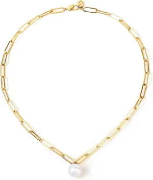 Large Pearl Paperclip Chain Necklace for Women, 12-13mm AAAA Freshwater Pearl, 18K Gold PVD-Coated Stainless Steel, Adjustable Chain