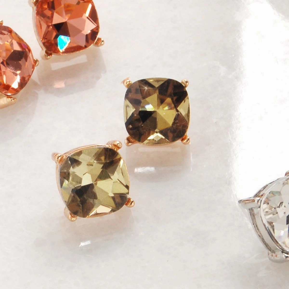 Large Square Stud Earrings for Women - Big Gold-Tone Glitter Statement Post Ear Studs