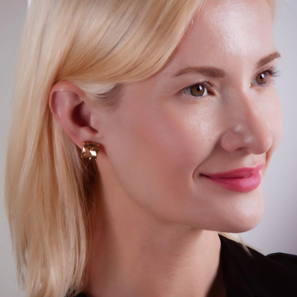 Large Square Stud Earrings for Women - Big Gold-Tone Glitter Statement Post Ear Studs