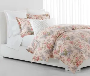 Lauren Ralph Lauren Sadie Pink Blue Floral Green Leaves on Blush Ground King 3 pc Sateen Comforter Set Shams
