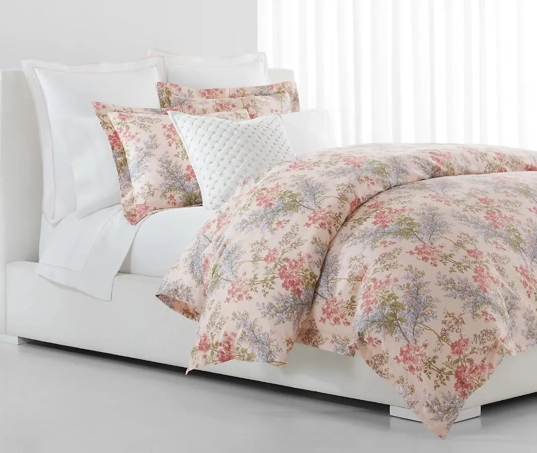 Lauren Ralph Lauren Sadie Pink Blue Floral Green Leaves on Blush Ground King 3 pc Sateen Comforter Set Shams
