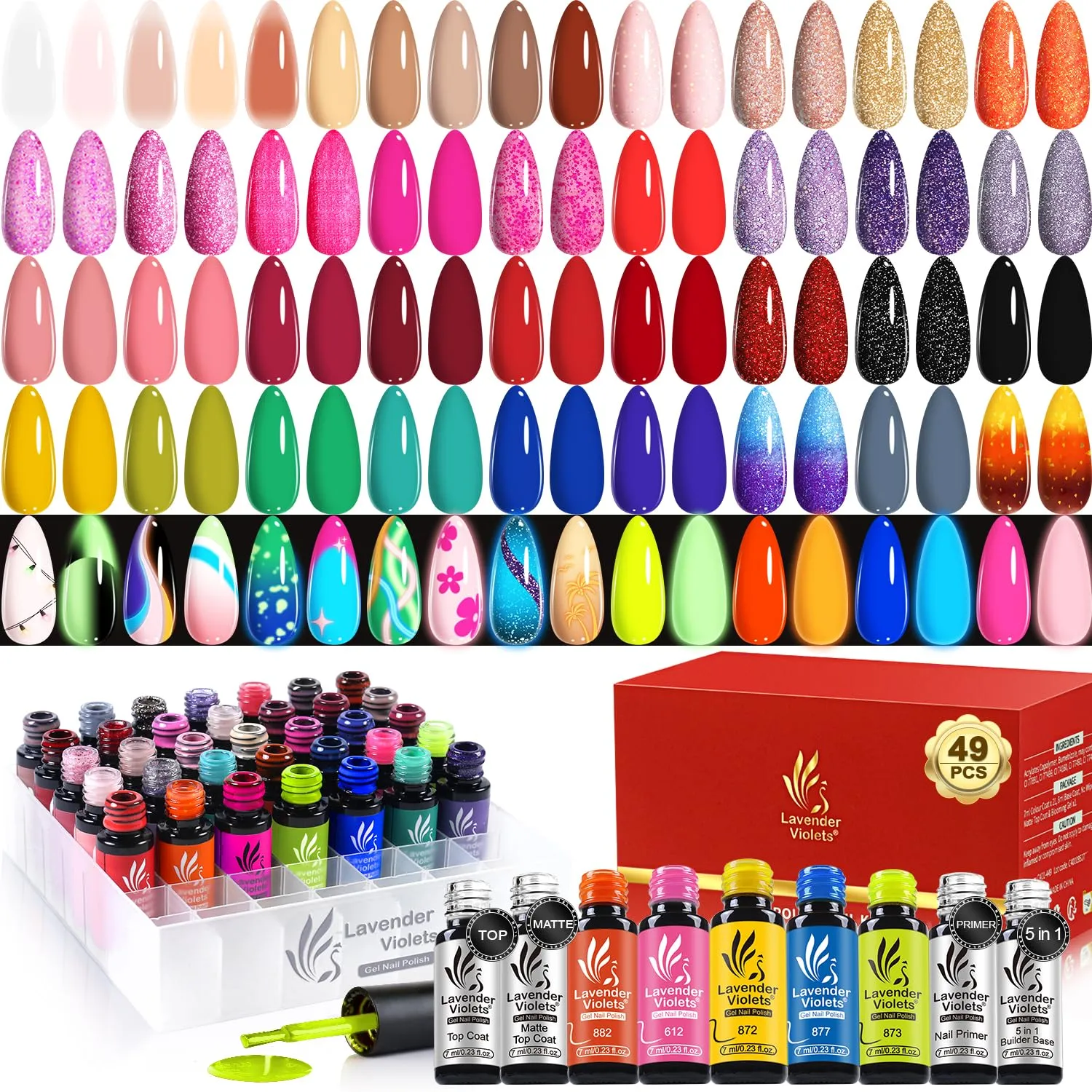 Lavender Violets 49 PCS Gel Nail Polish Set,45 Colors Summer Neon Glow in the Dark Effect with Nail Primer,Builder Base Coat,Glossy,Matte Top Coat Red Jelly Nude Glitter New Year Gifts for Women A950