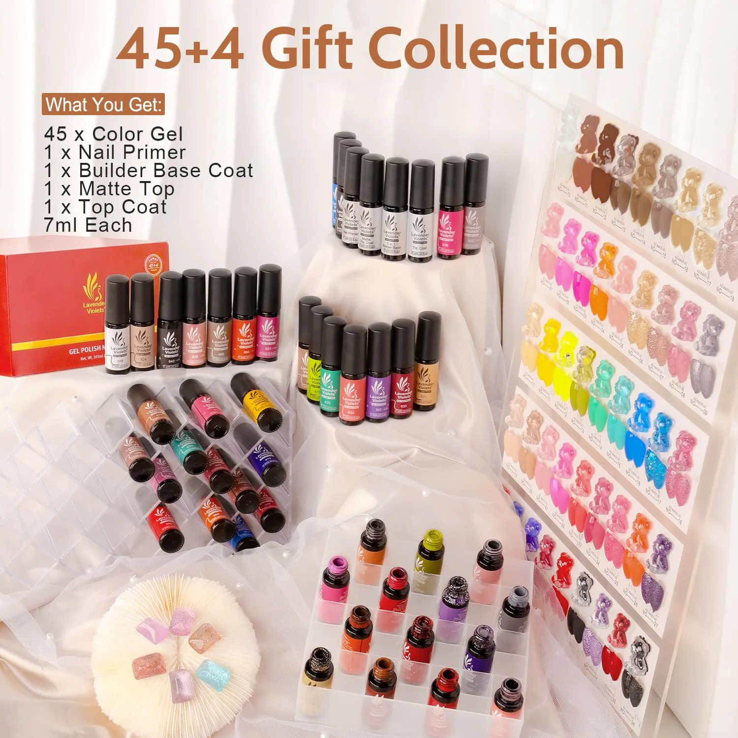 Lavender Violets 49 PCS Gel Nail Polish Set,45 Colors Summer Neon Glow in the Dark Effect with Nail Primer,Builder Base Coat,Glossy,Matte Top Coat Red Jelly Nude Glitter New Year Gifts for Women A950