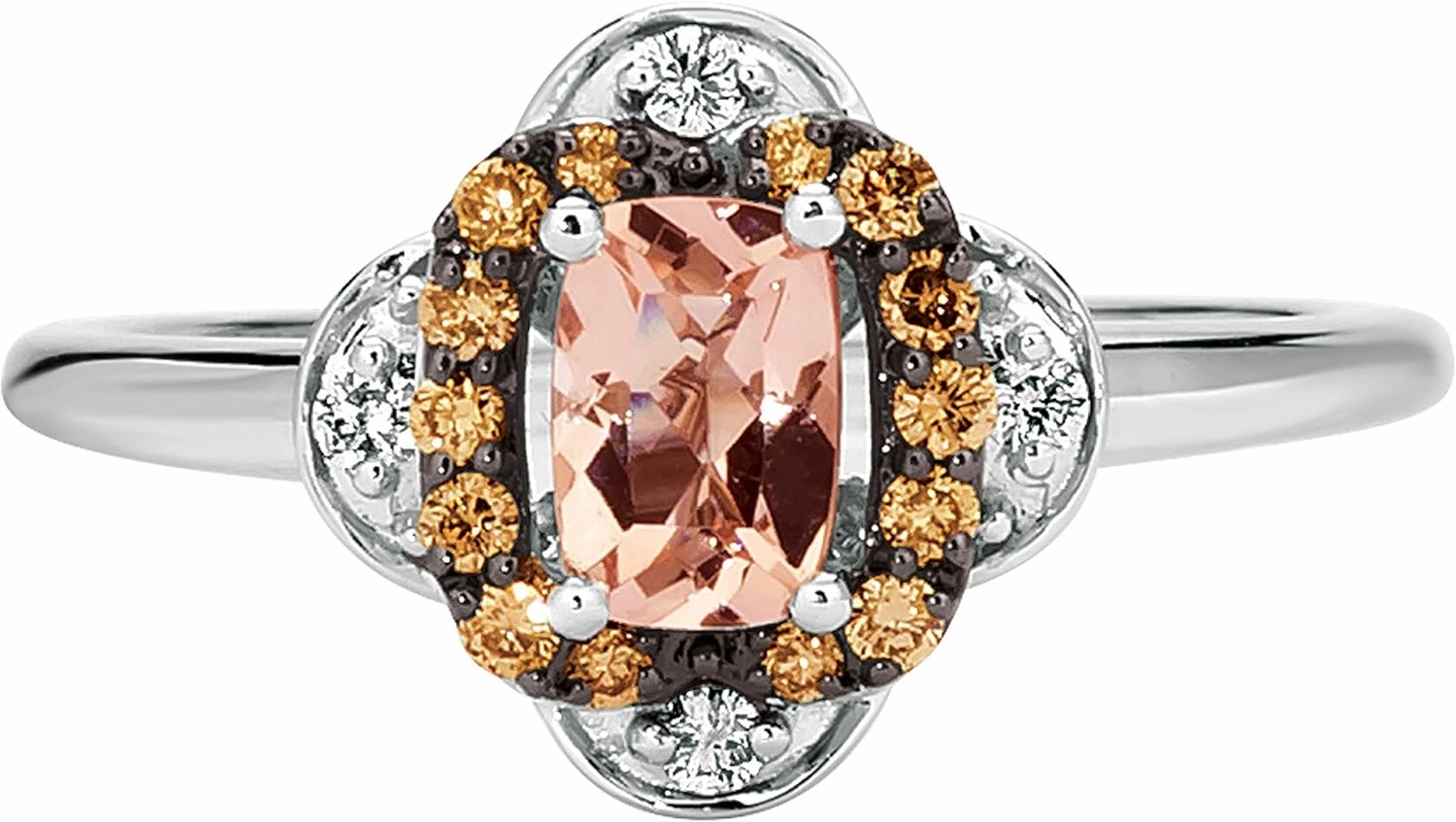 LE VIAN 14K White Gold 3/8 Ct Morganite & 1/5 Cttw White/Chocolate Diamond Quatrefoil Ring (G-H & Fancy Brown Color, VS2-SI1 & SI1-SI2 Clarity) Size 4-3/4