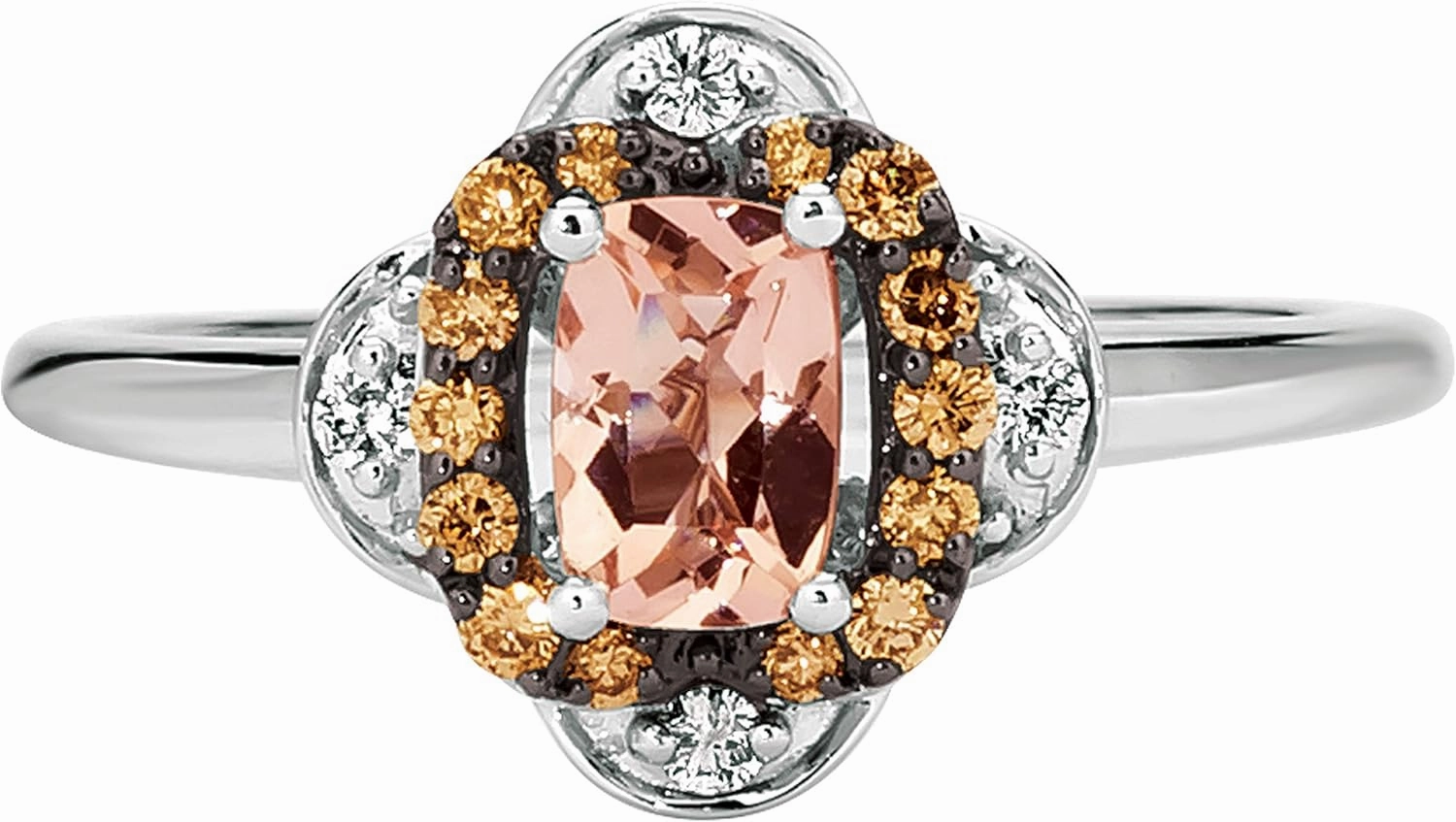 LE VIAN 14K White Gold 3/8 Ct Morganite & 1/5 Cttw White/Chocolate Diamond Quatrefoil Ring (G-H & Fancy Brown Color, VS2-SI1 & SI1-SI2 Clarity) Size 5