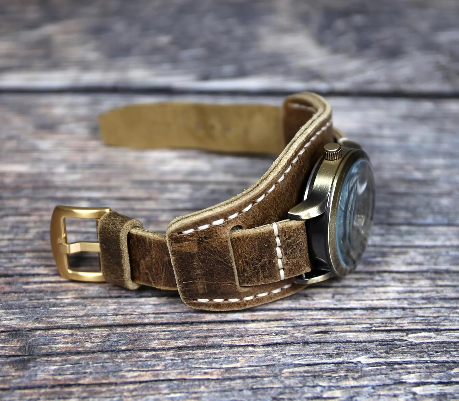 Leather watch band Aviator Military 18mm 20mm 22mm 24mm Brown Handmade leather bund strap Vintage style (22mm)