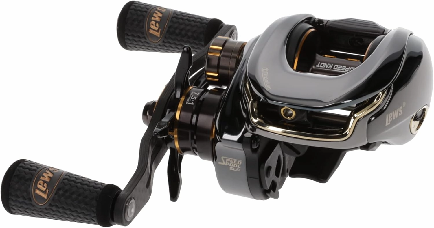 Lew's Team Lew's Elite-Ti Baitcast Fishing Reel, 10 1 Stainless Steel Ball Bearings, 7.5:1 Gear Ratio, Titanium Gray/Gold