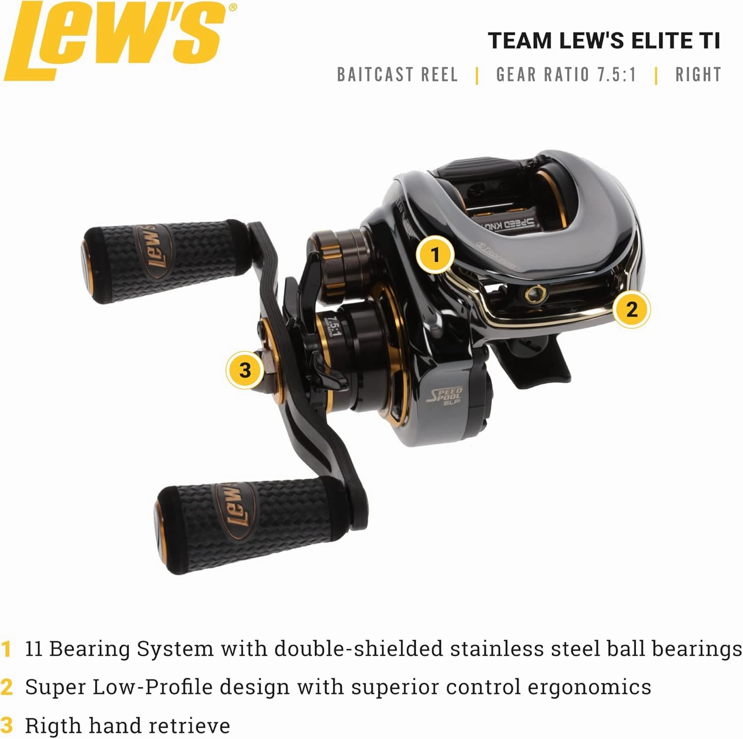 Lew's Team Lew's Elite-Ti Baitcast Fishing Reel, 10 1 Stainless Steel Ball Bearings, 7.5:1 Gear Ratio, Titanium Gray/Gold