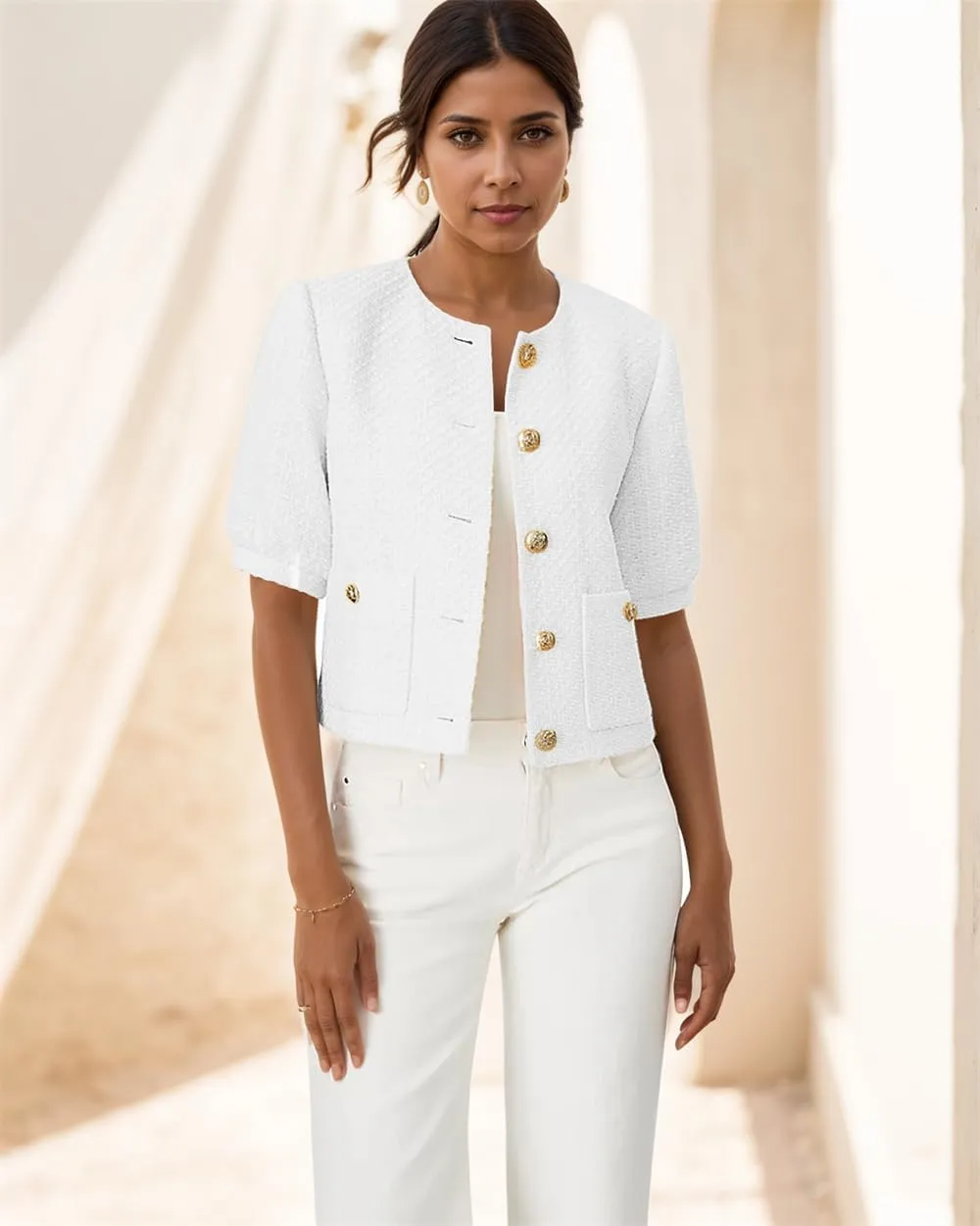 LifeShe Puff Short Sleeve Tweed Jacket Women Cropped Jackets Summer Open Front Office Work Blazer Coat