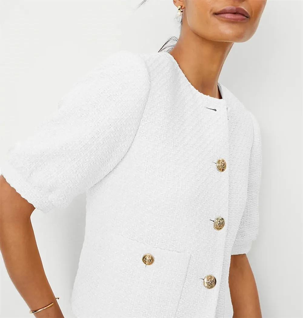 LifeShe Puff Short Sleeve Tweed Jacket Women Cropped Jackets Summer Open Front Office Work Blazer Coat