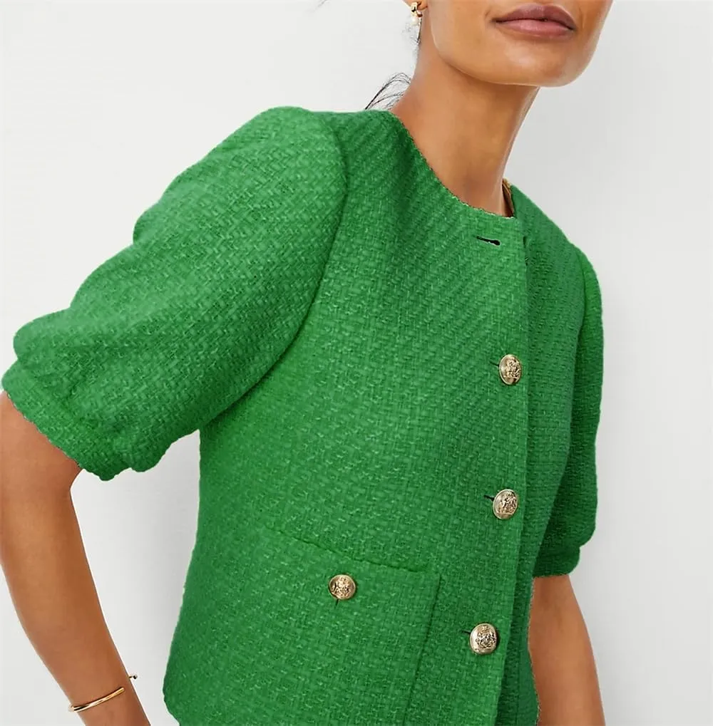 LifeShe Puff Short Sleeve Tweed Jacket Women Cropped Jackets Summer Open Front Office Work Blazer Coat
