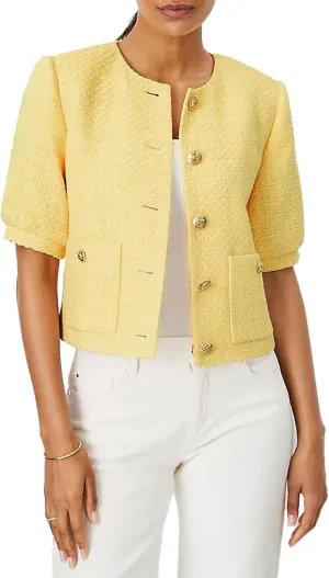 LifeShe Puff Short Sleeve Tweed Jacket Women Cropped Jackets Summer Open Front Office Work Blazer Coat