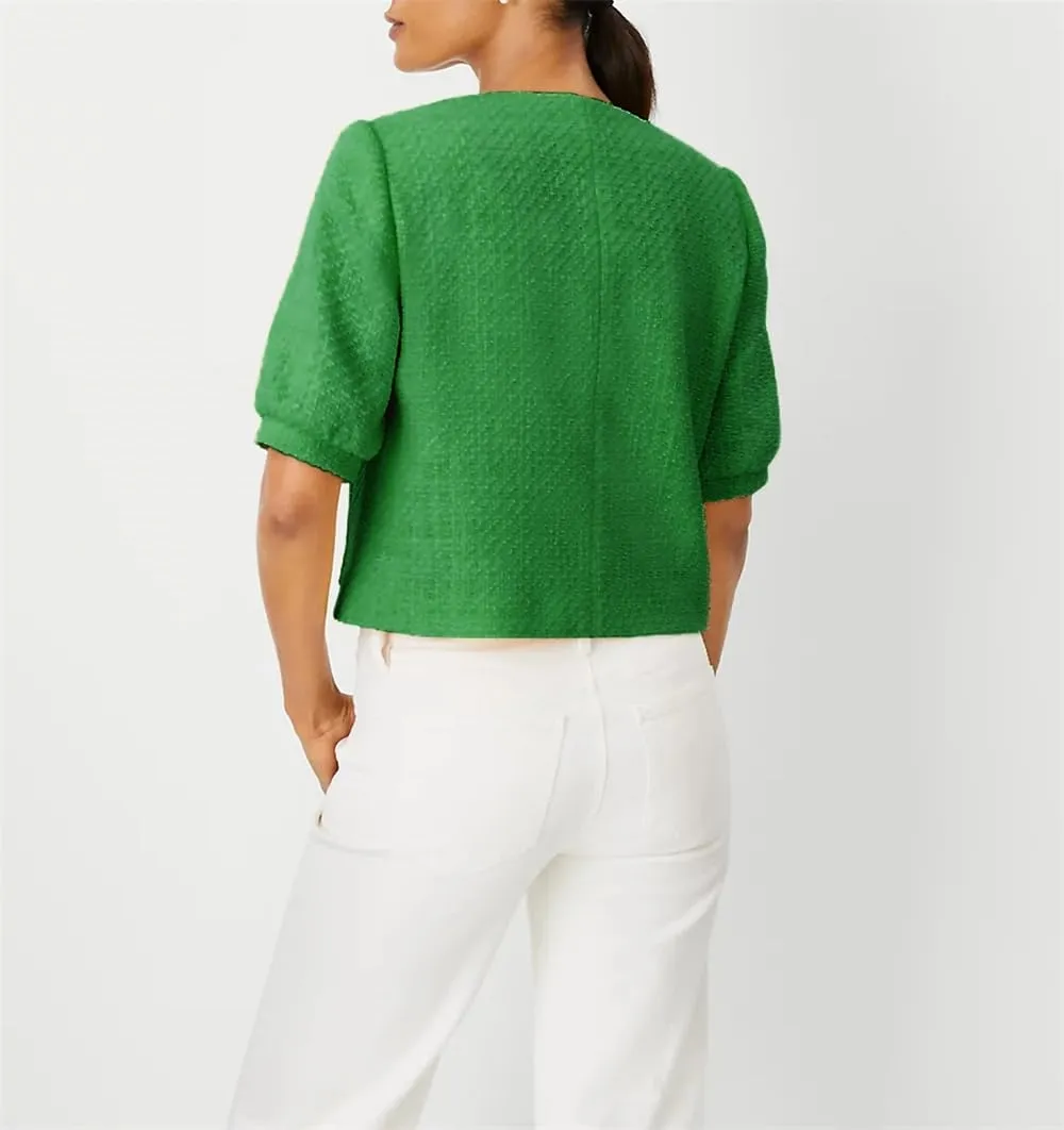 LifeShe Puff Short Sleeve Tweed Jacket Women Cropped Jackets Summer Open Front Office Work Blazer Coat