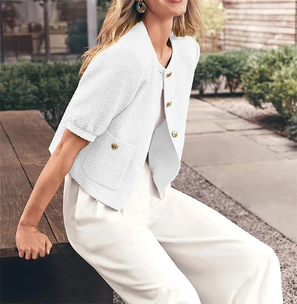 LifeShe Puff Short Sleeve Tweed Jacket Women Cropped Jackets Summer Open Front Office Work Blazer Coat