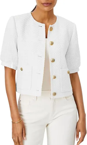 LifeShe Puff Short Sleeve Tweed Jacket Women Cropped Jackets Summer Open Front Office Work Blazer Coat
