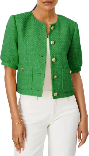 LifeShe Puff Short Sleeve Tweed Jacket Women Cropped Jackets Summer Open Front Office Work Blazer Coat