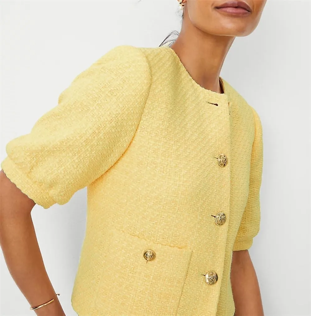LifeShe Puff Short Sleeve Tweed Jacket Women Cropped Jackets Summer Open Front Office Work Blazer Coat