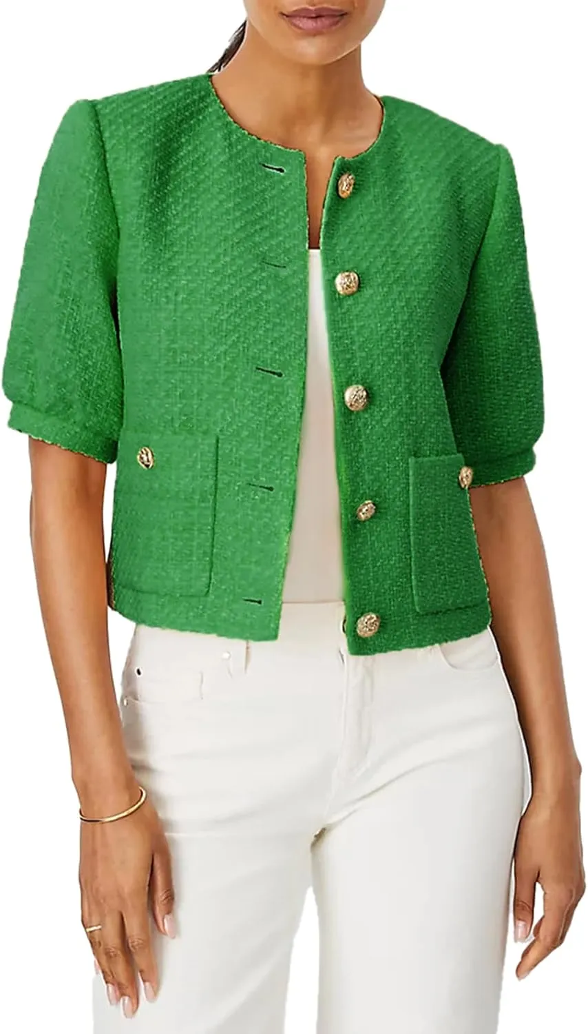 LifeShe Puff Short Sleeve Tweed Jacket Women Cropped Jackets Summer Open Front Office Work Blazer Coat